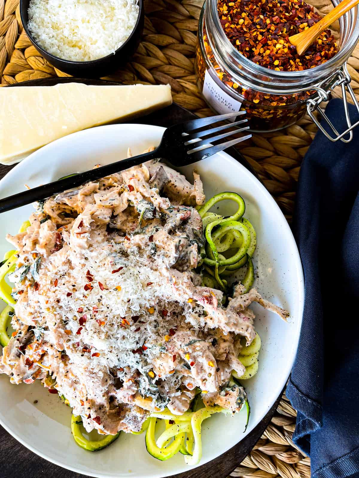 Zucchini Noodles With A Creamy Bacon Parmesan Chicken