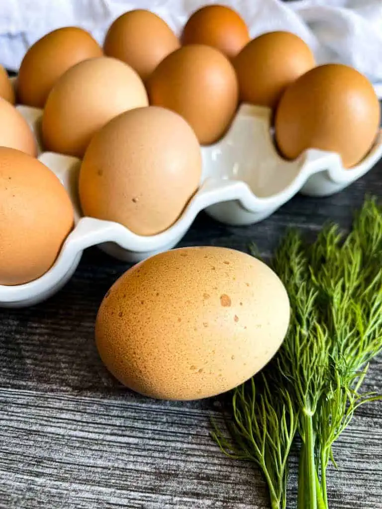 Eggs in a white ceramic egg crate