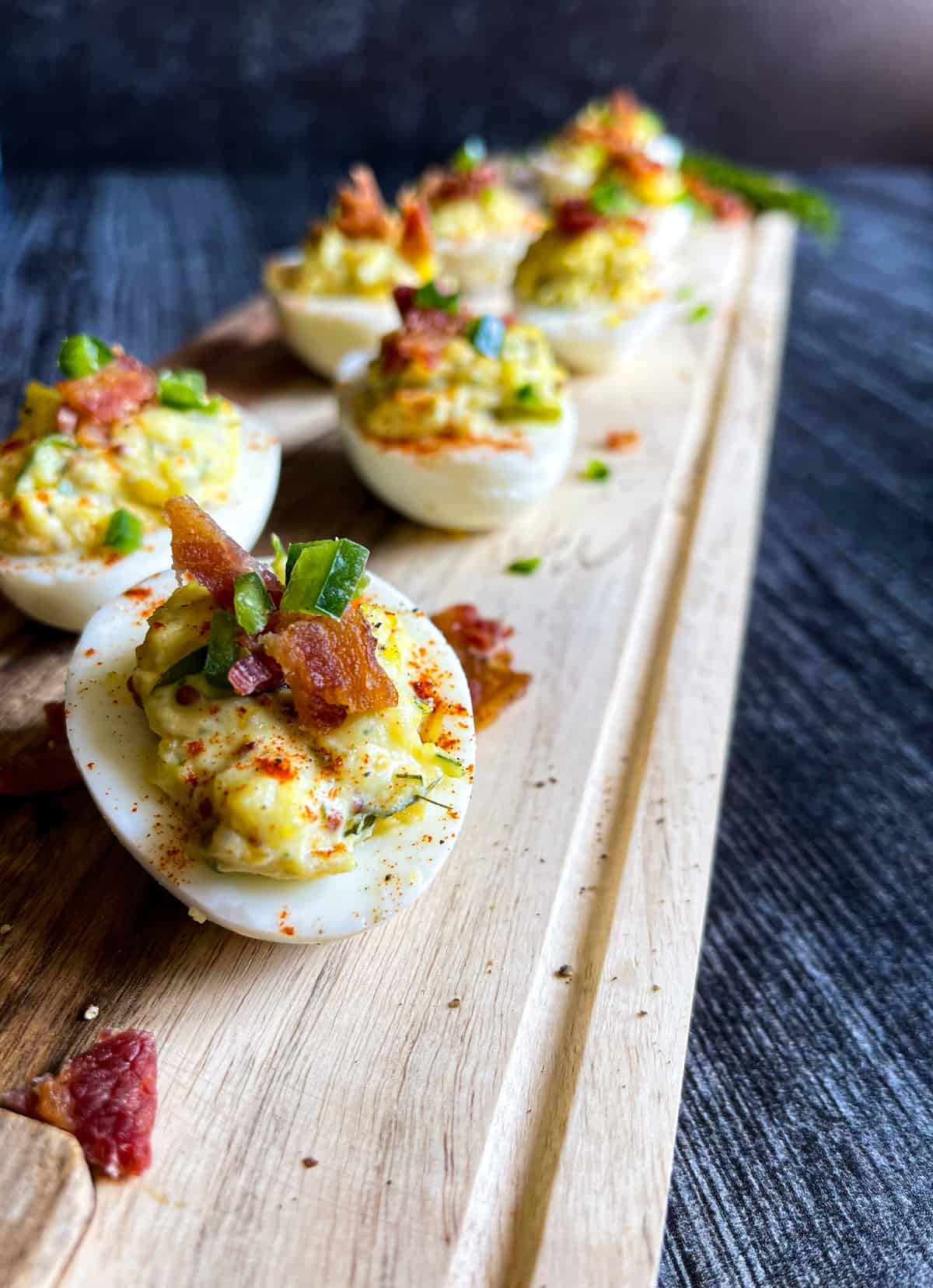 A Row of Deviled Eggs with Bacon and Jalapeno - Super Bowl Recipe
