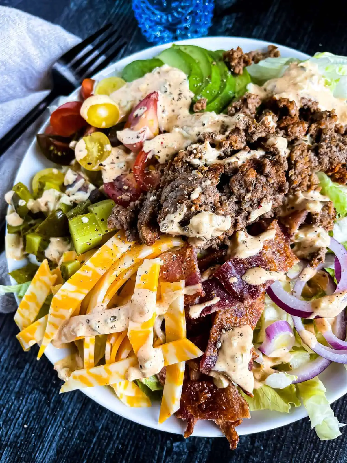 Loaded burger bowl with all the fixings and the special sauce