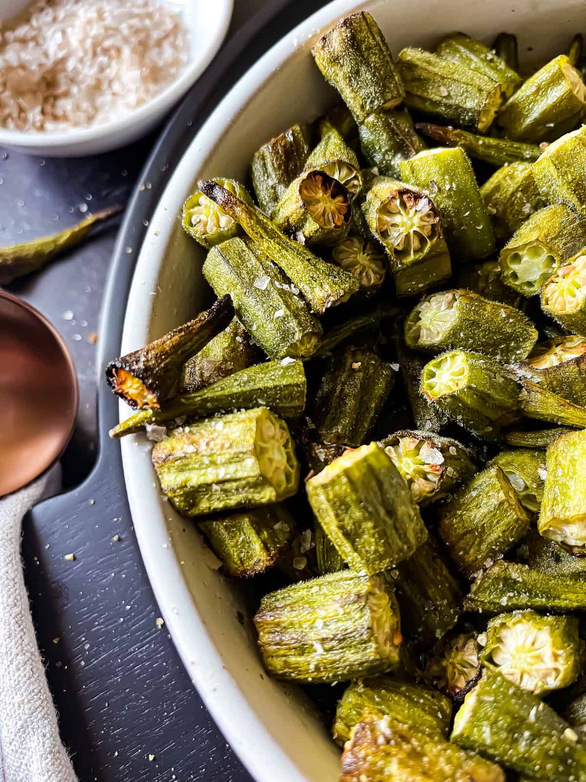 close up picture of air fryer okra recipe with nice crispy bits in detail