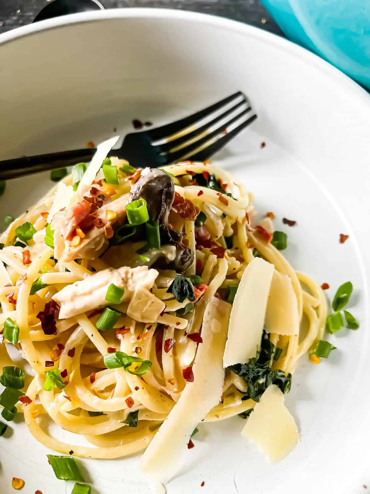 plated best chicken spaghetti recipe with parmesan, chives, and red pepper garnish on a light gray plate