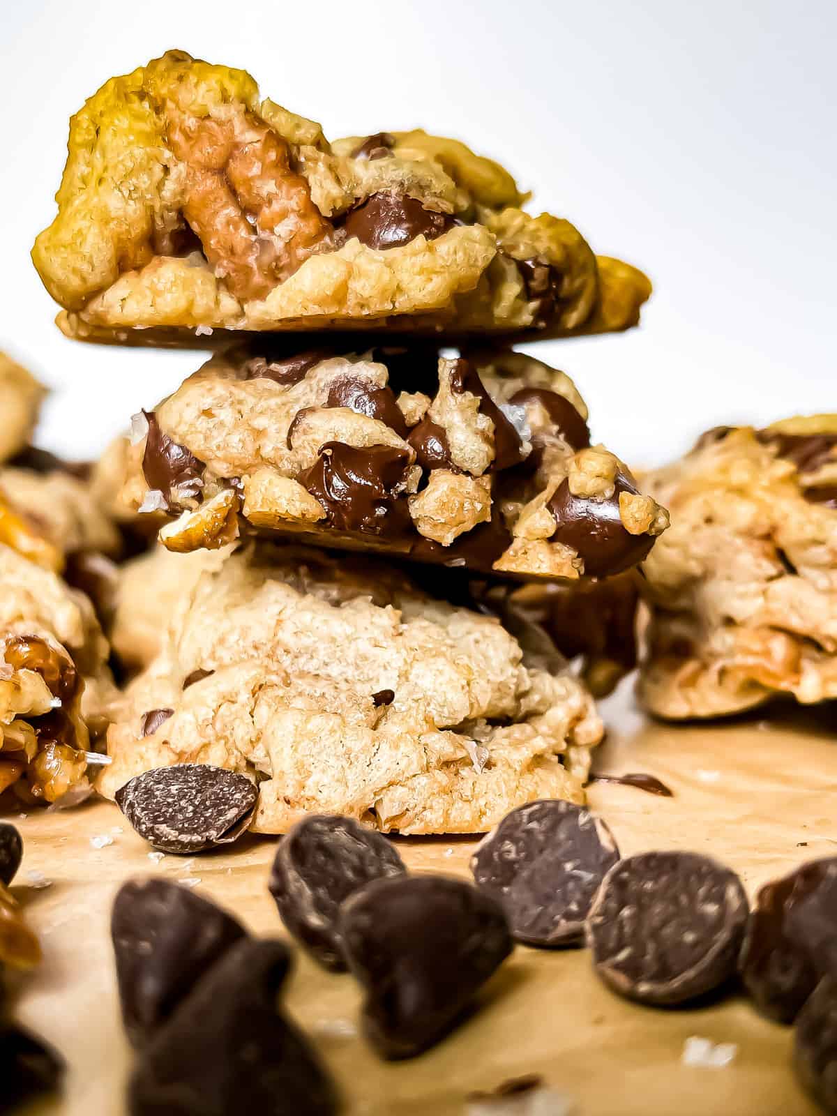 tower of brown butter chocolate chip cookies