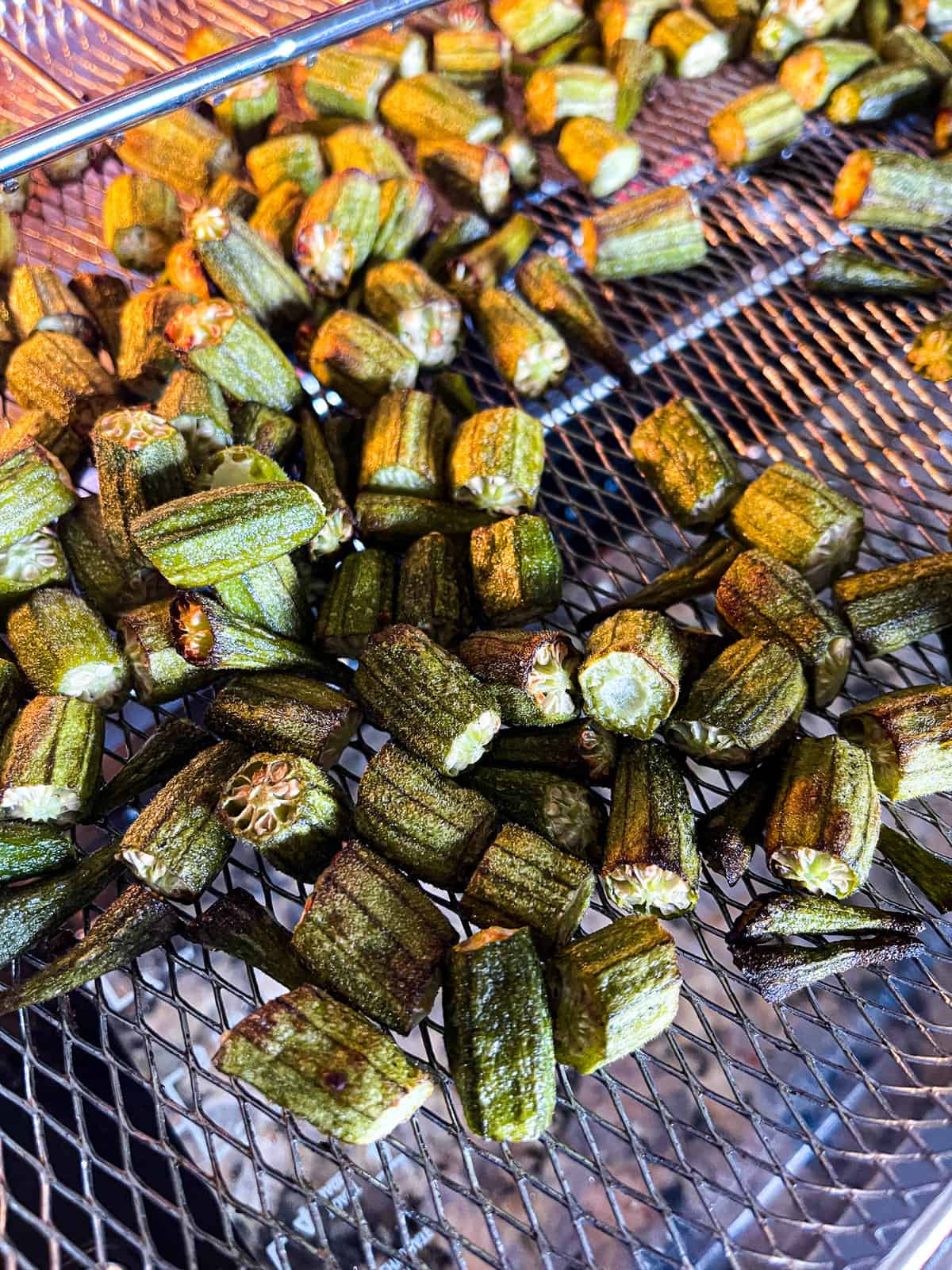 air fryer okra recipe midway through the roasting process 