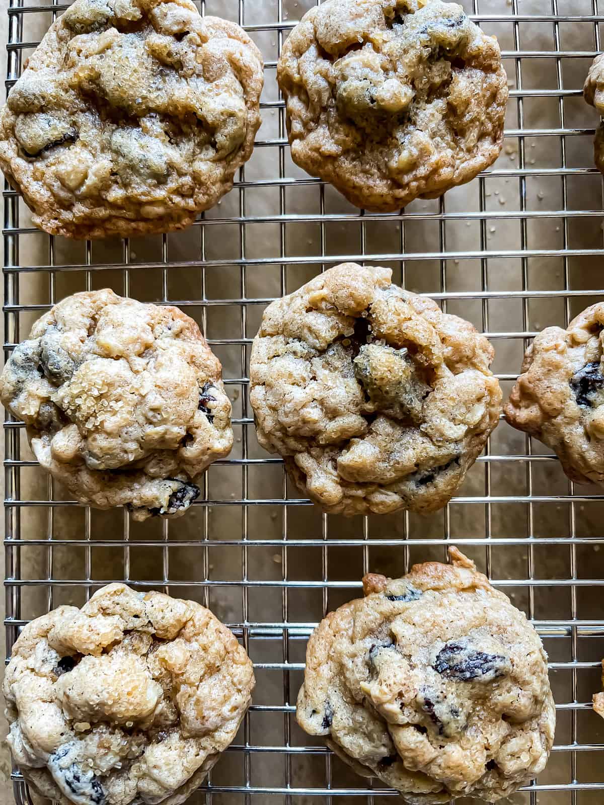 brown butter oatmeal raisin cookies on a cooling rack