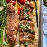 sheet pan pork tenderloin with roasted tomatoes, asparagus, and chimichurri