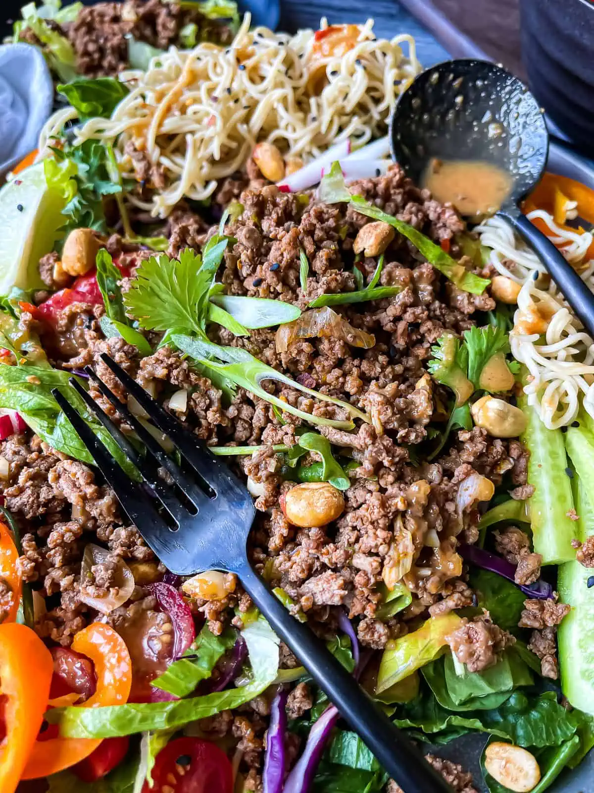 Thai beef salad with peanut dressing. Garnished with fresh veggies, rice noodles, sesame seeds, and extra peanuts