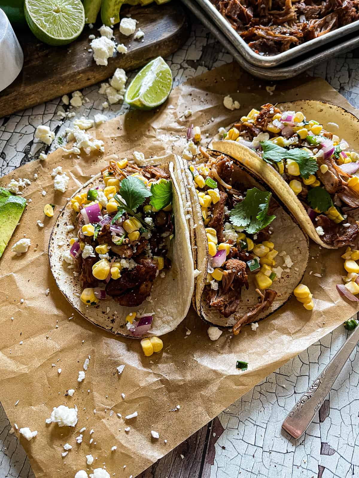 braised pork tacos with corn salsa