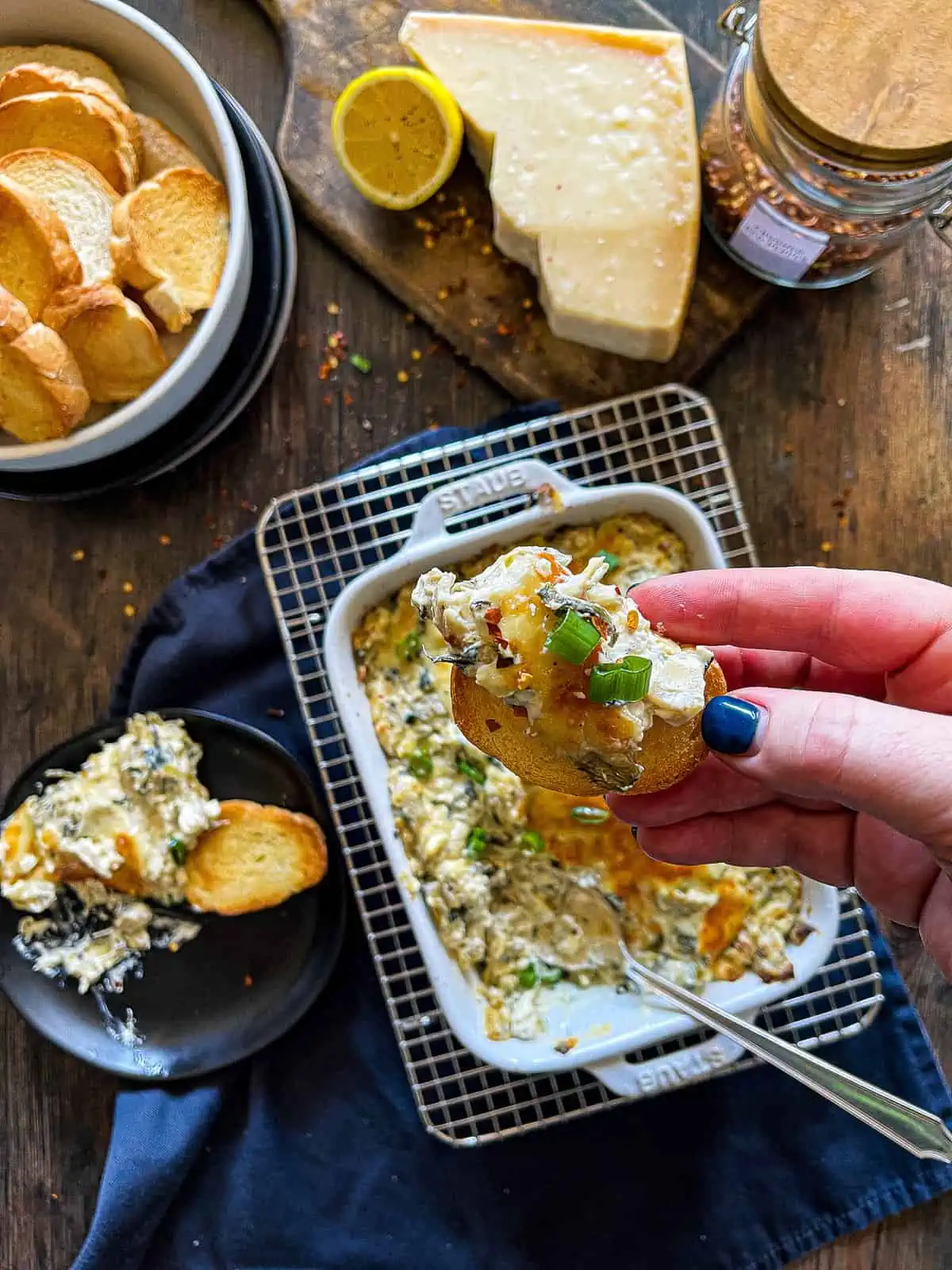 spinach artichoke dip on a crostini