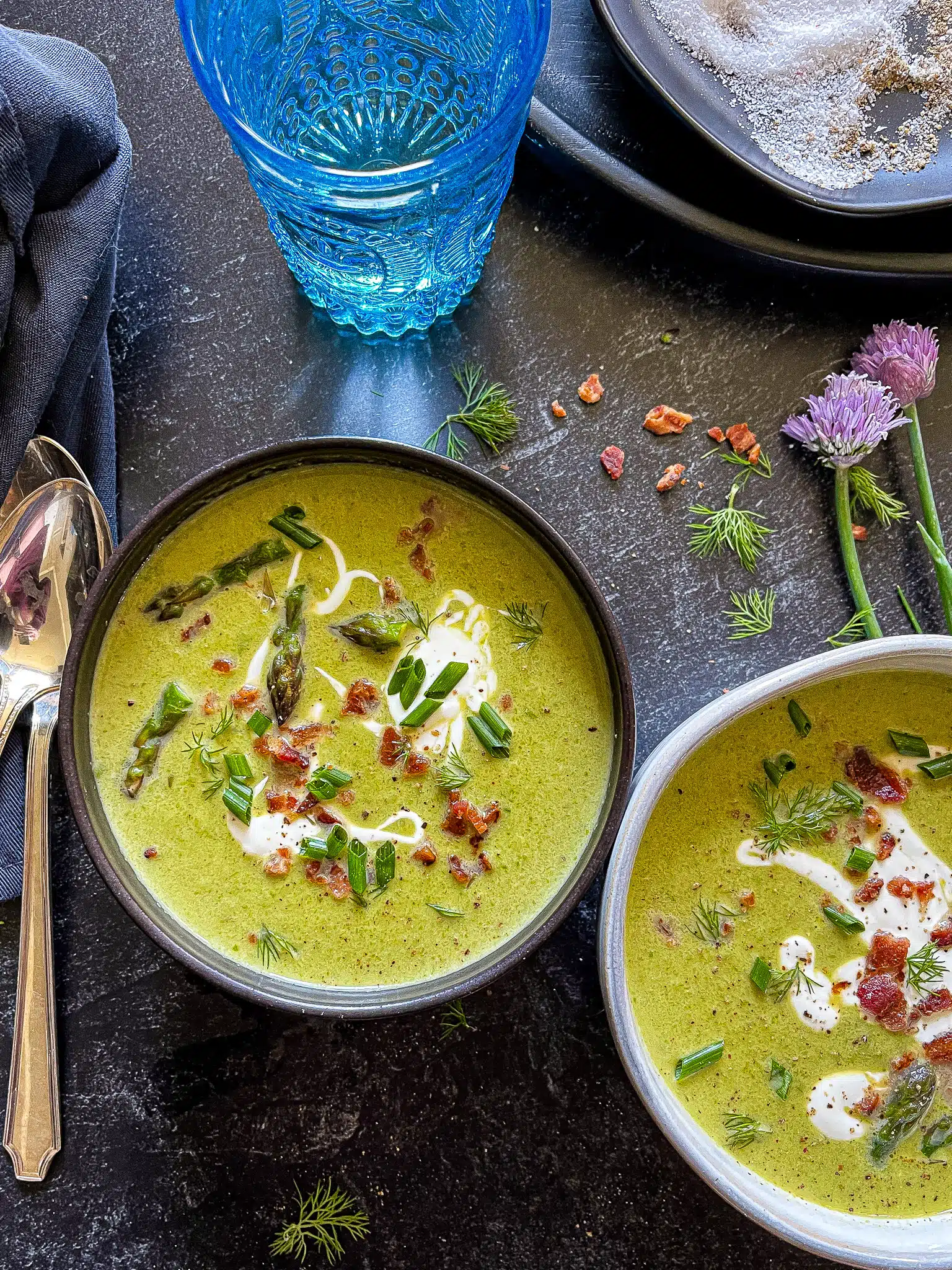 bowls of cream of asparagus soup