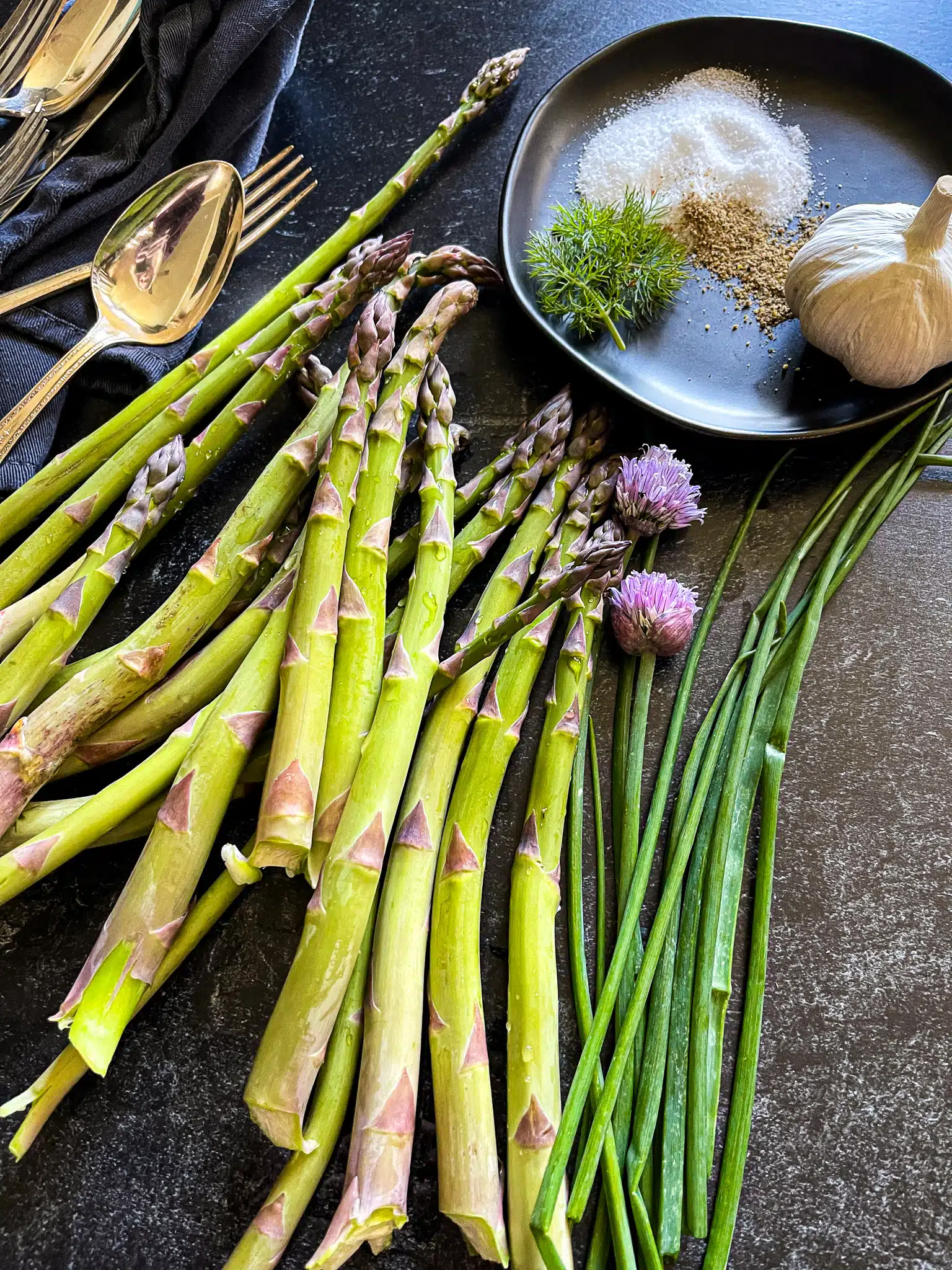 fresh asparagus, chives, dill, garlic, and salt and pepper