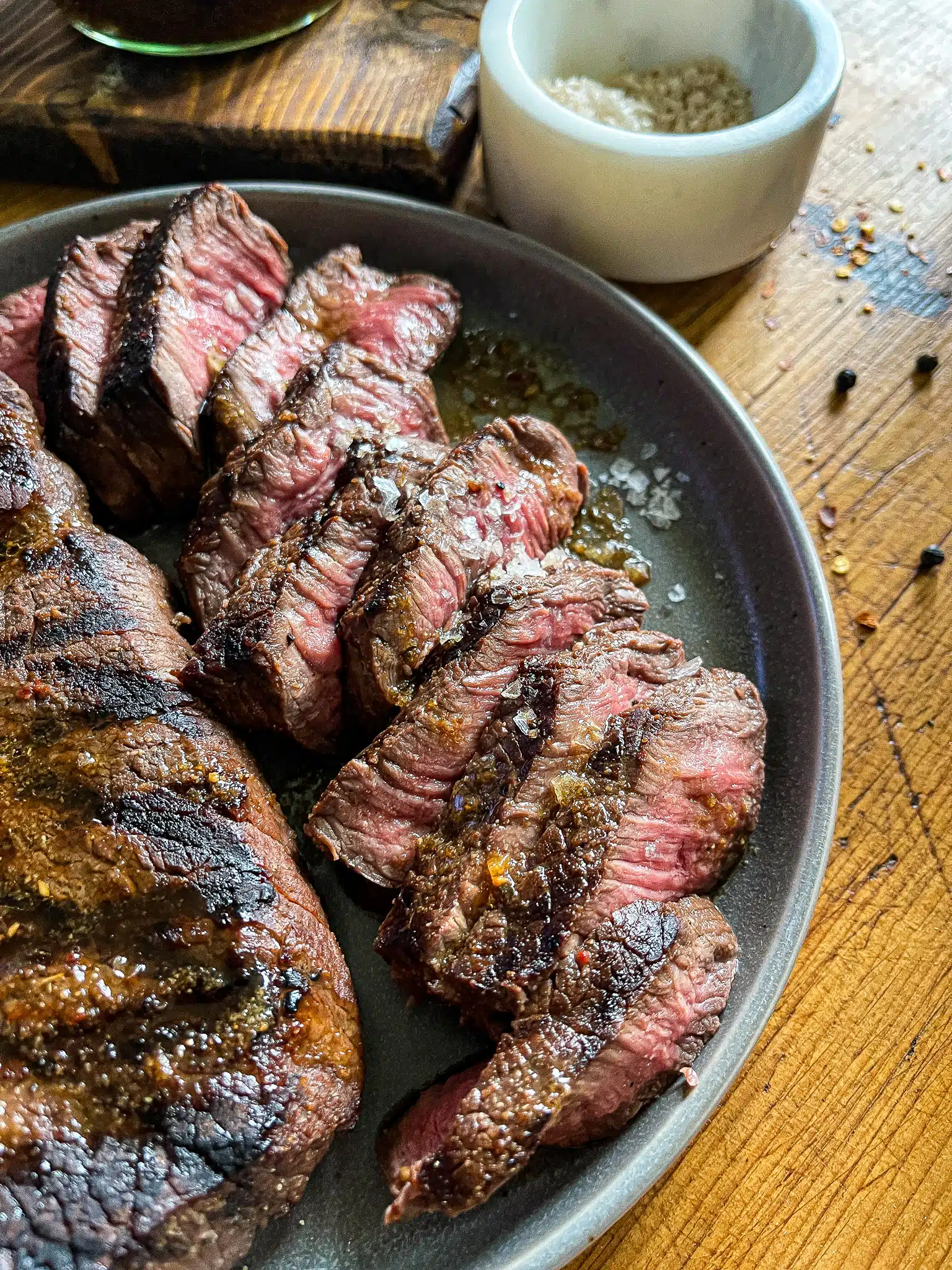 sliced steak with flaky sea salt