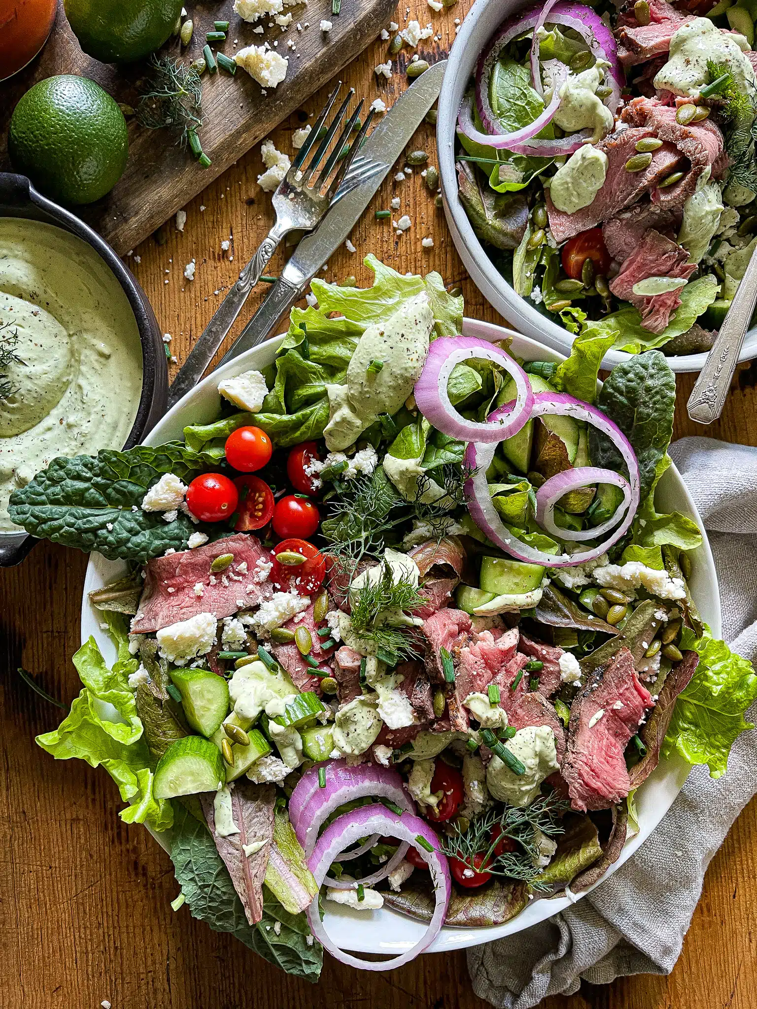 grilled steak salad with avocado ranch dressing