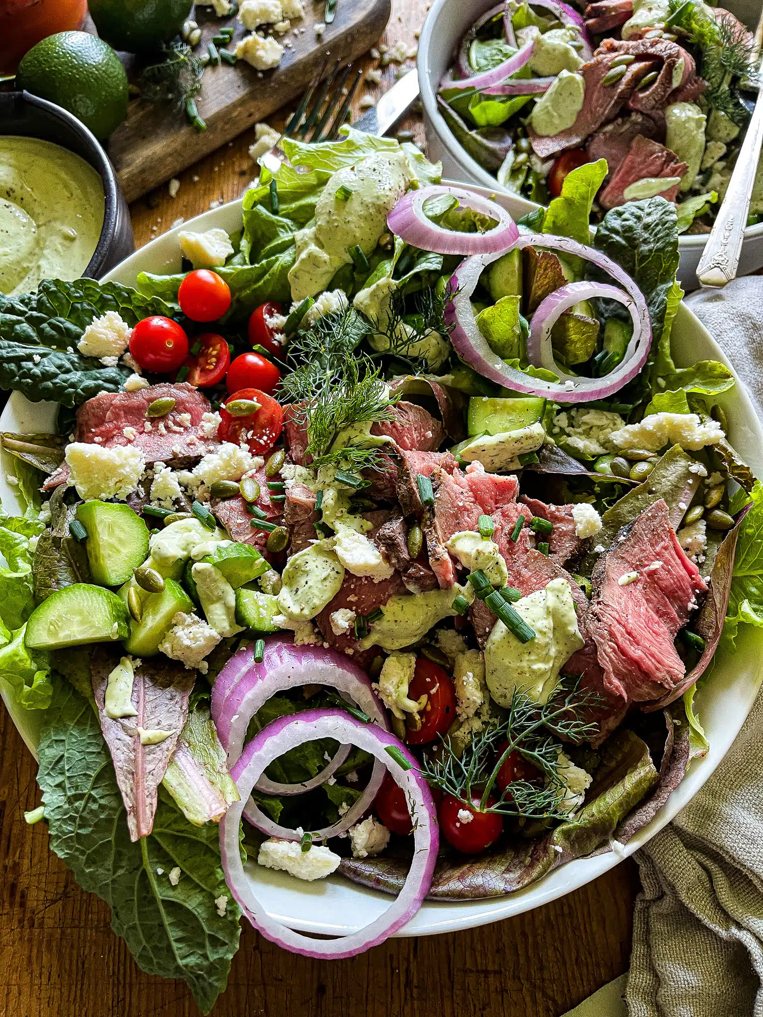 grilled steak salad with avocado ranch dressing