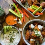 air fryer chicken wings with buffalo and ranch sauces, with carrots and celery sticks
