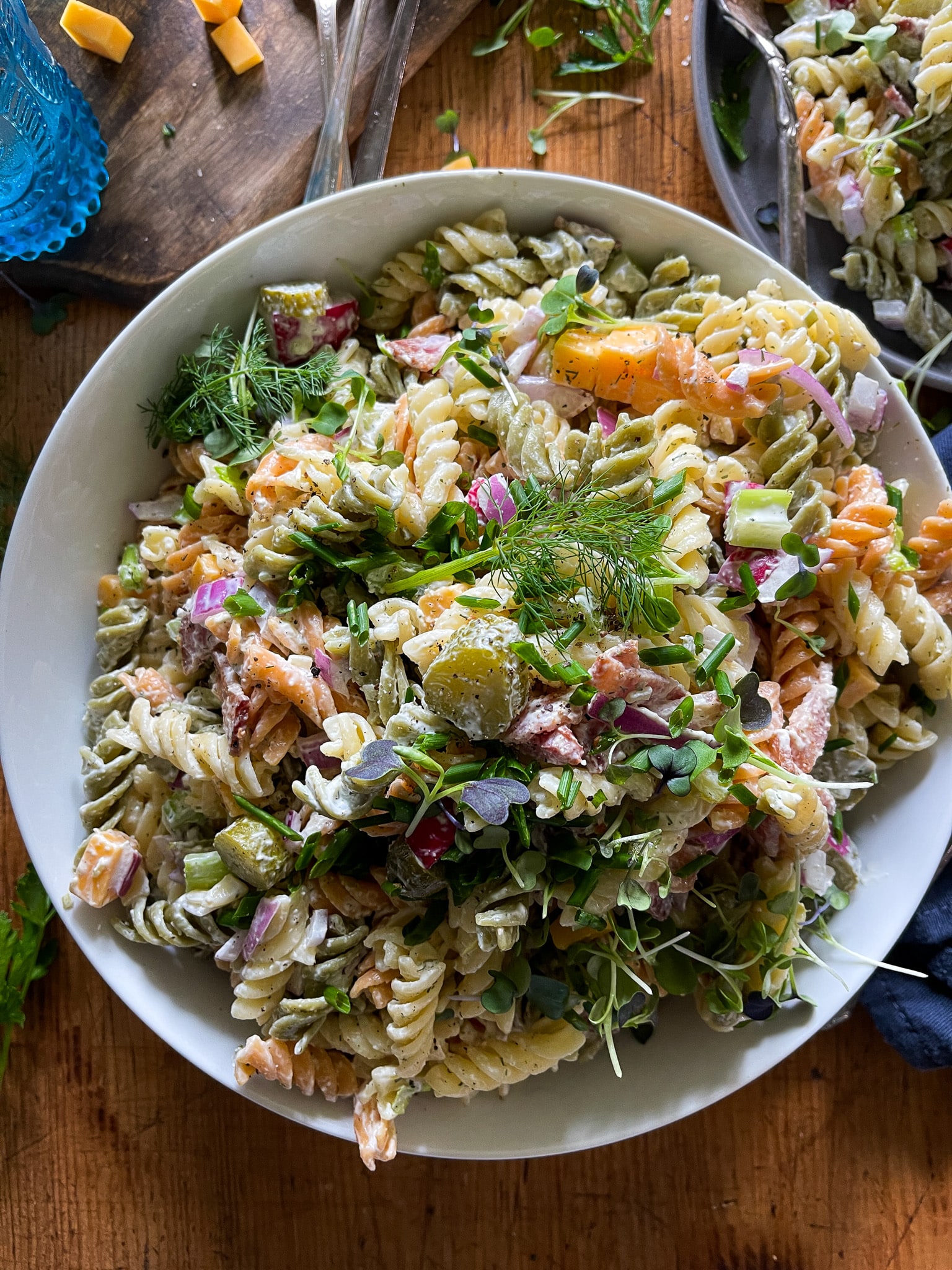 dill pickle pasta salad in a serving bowl