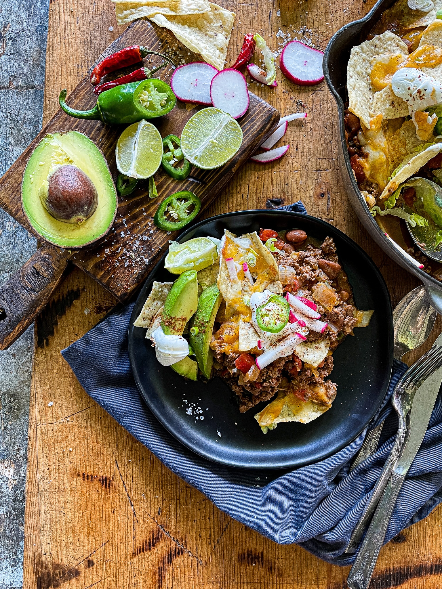 taco bake skillet with garnishes