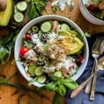 chicken gyro bowls with avocado, cucumber, tzatziki and fresh herbs
