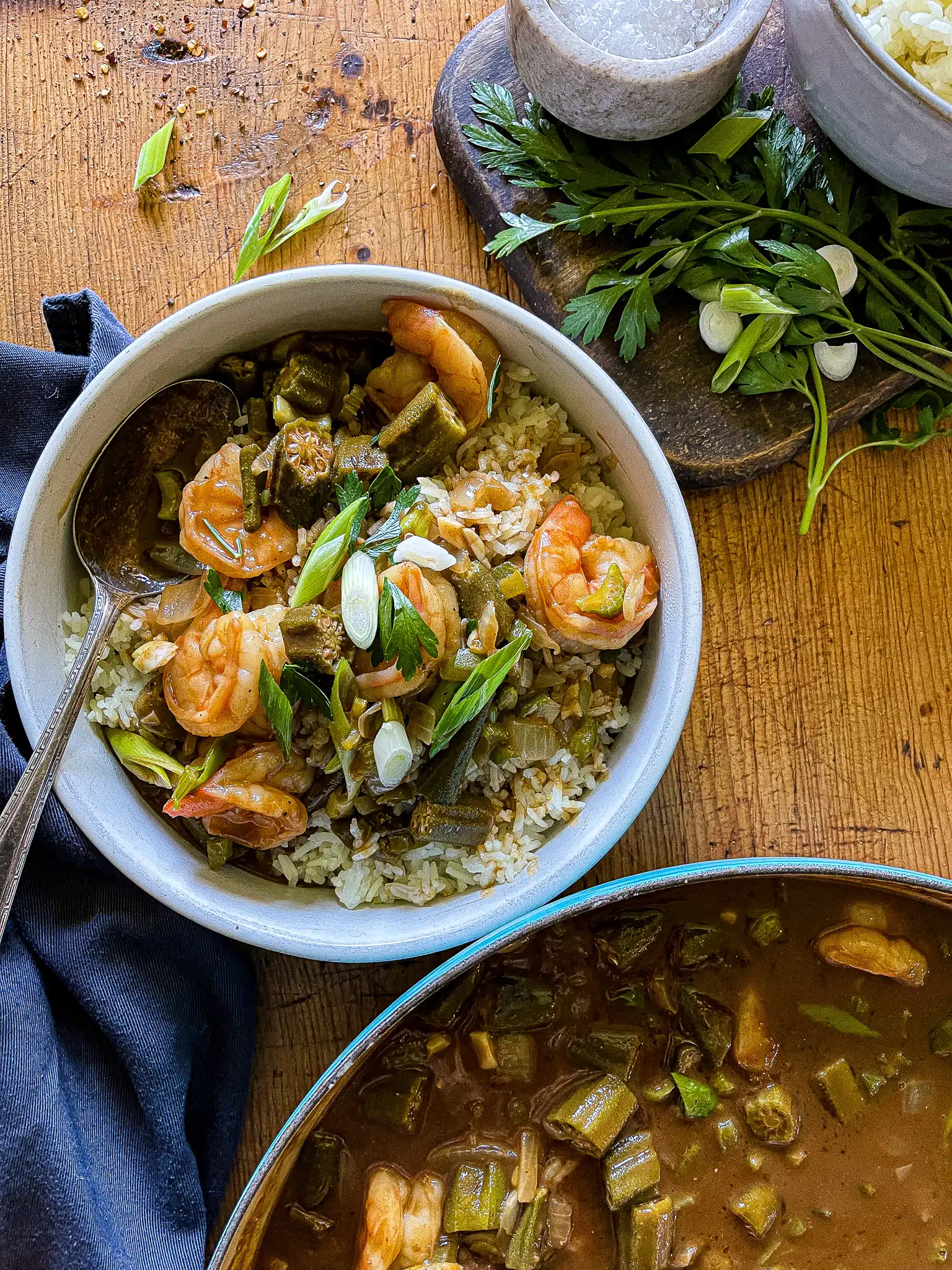 This is a bowl of shrimp and okra gumbo.