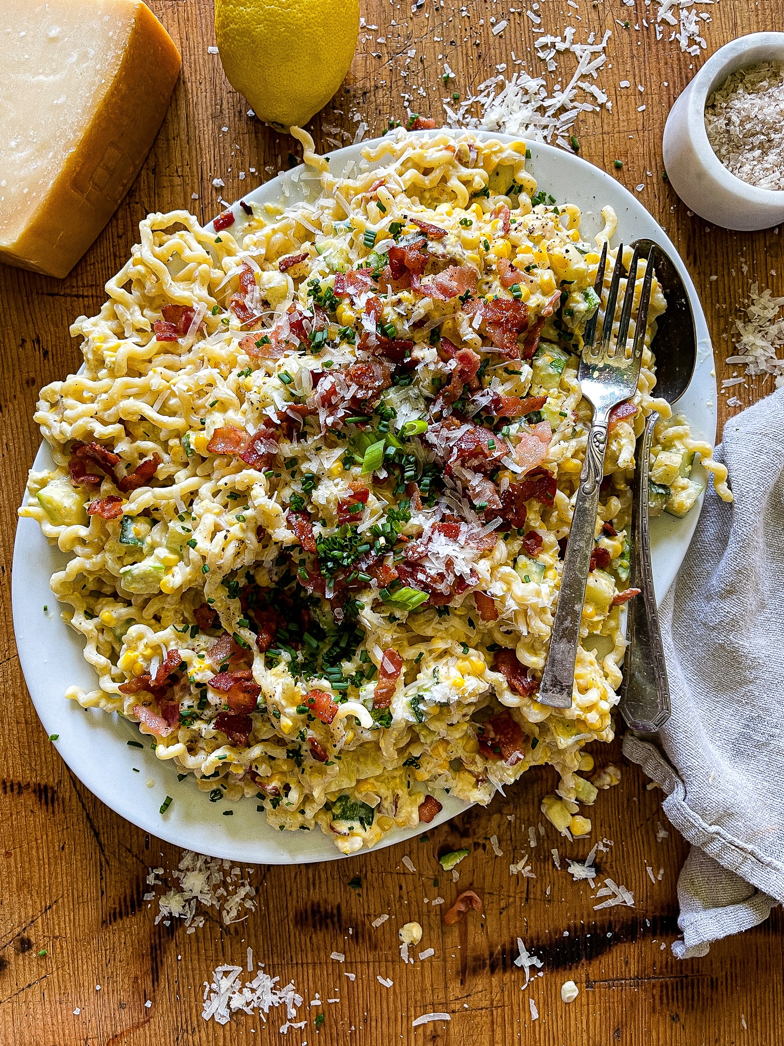 sweet corn pasta with bacon, chives, and parmesan