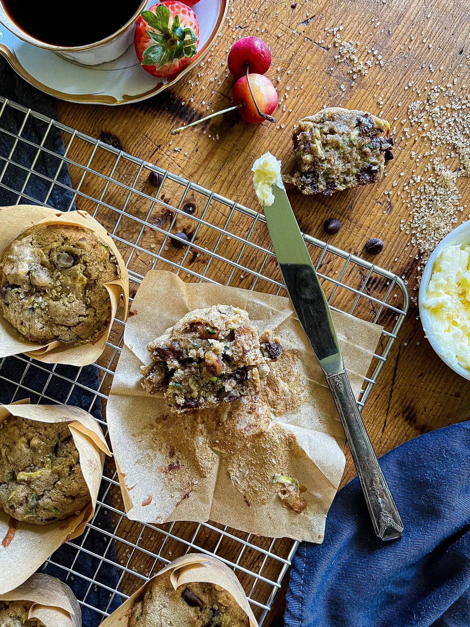 halved muffin on a baking rack