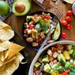 mexican shrimp ceviche with tortilla chips, avocado, and tajin
