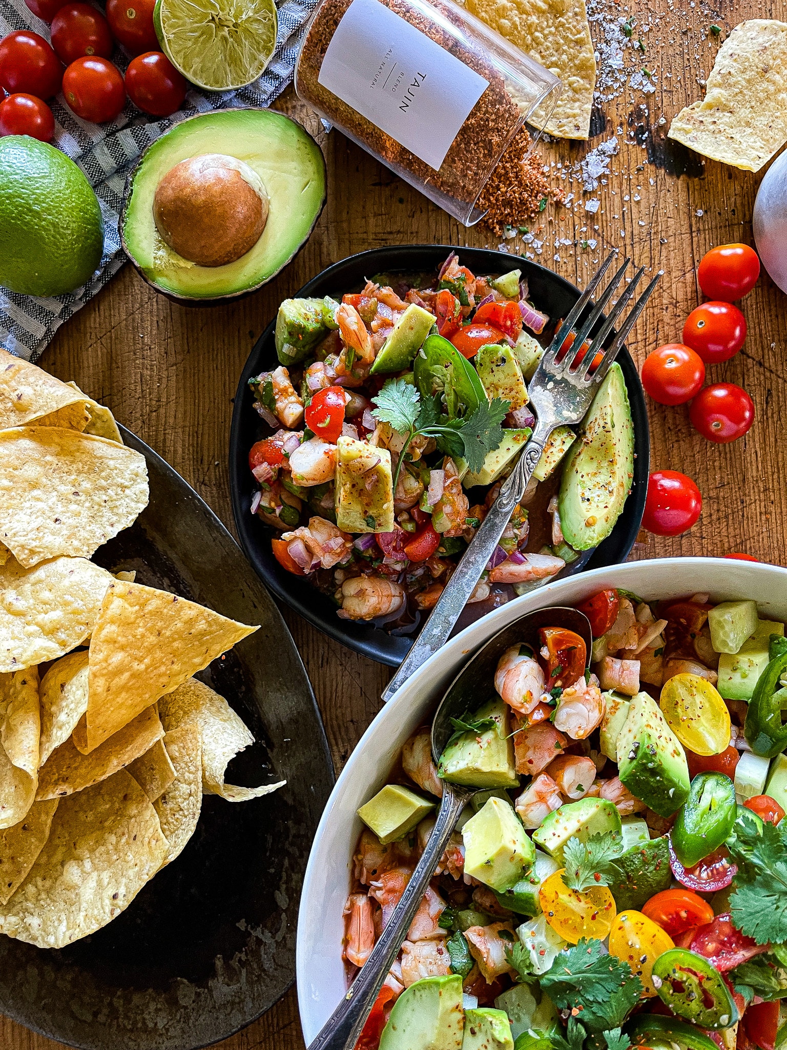 mexican shrimp ceviche with tortilla chips, avocado, and tajin