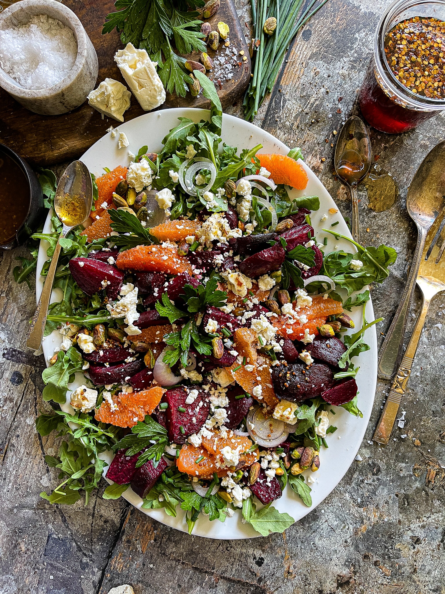 roasted beet salad on a serving platter