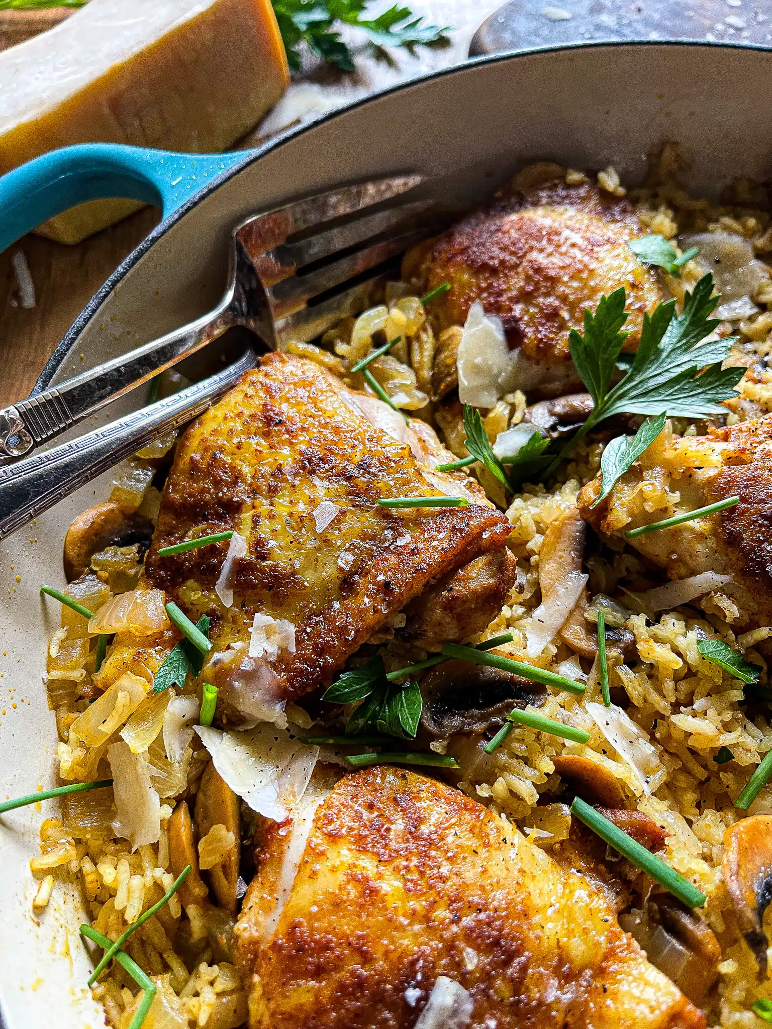 crispy chicken thigh in a bed of rice