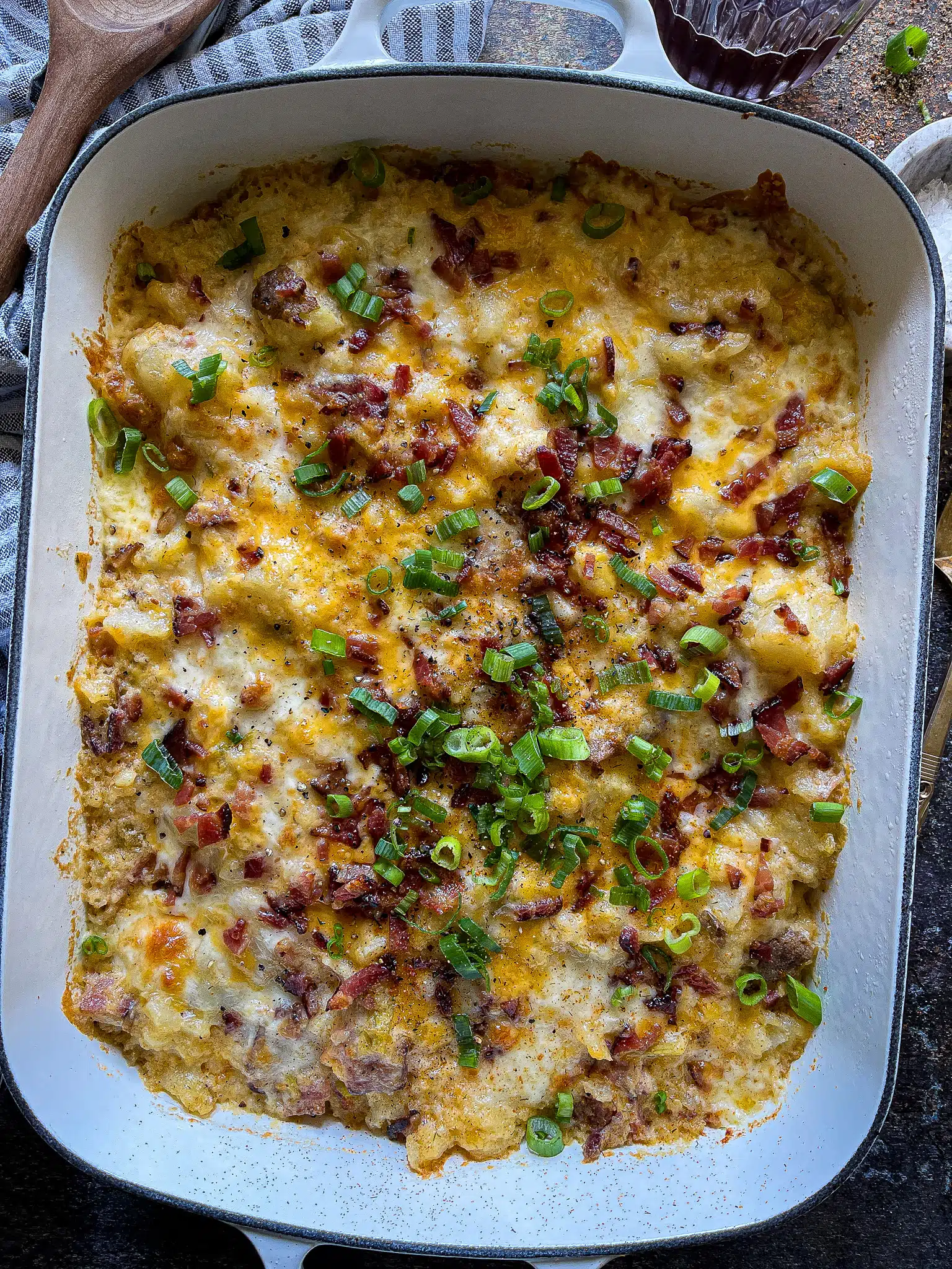 This is a baking dish of twice baked potato casserole.