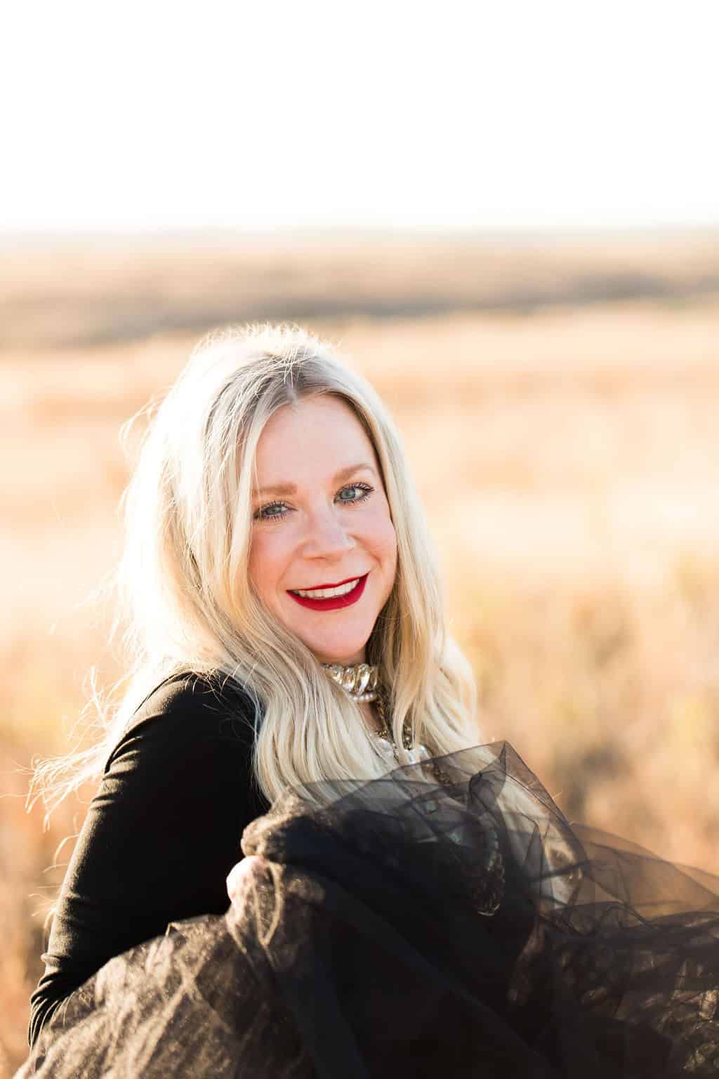 Rufus in black dress outdoors