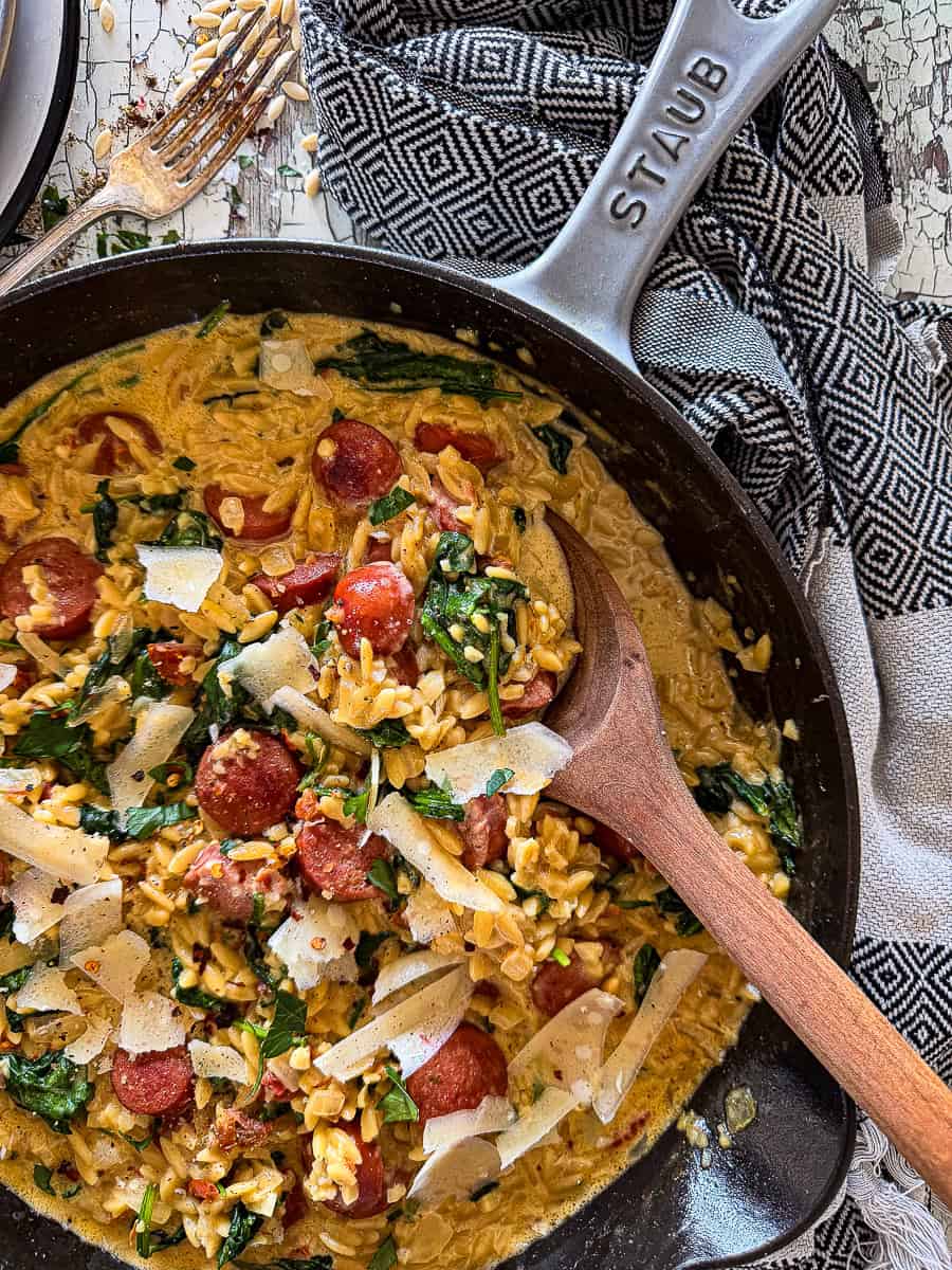 Creamy Italian sausage and orzo with spinach