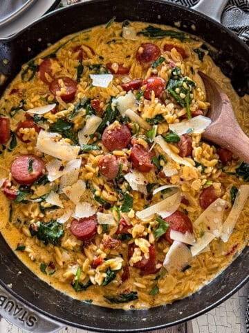 Creamy Italian sausage and orzo with spinach
