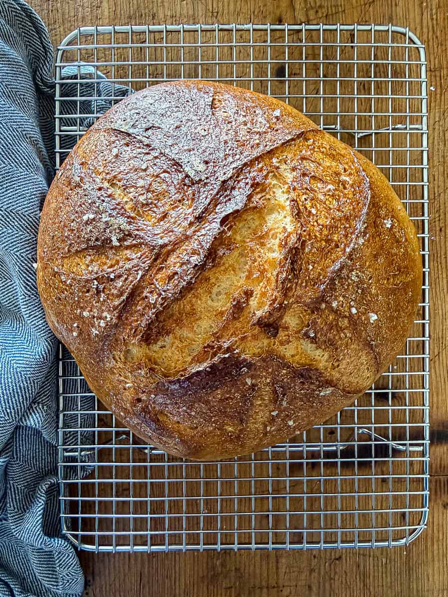 Loaf of gluten-free no-knead bread resting on a wire baking rack on a wooden surface next to a dish towel